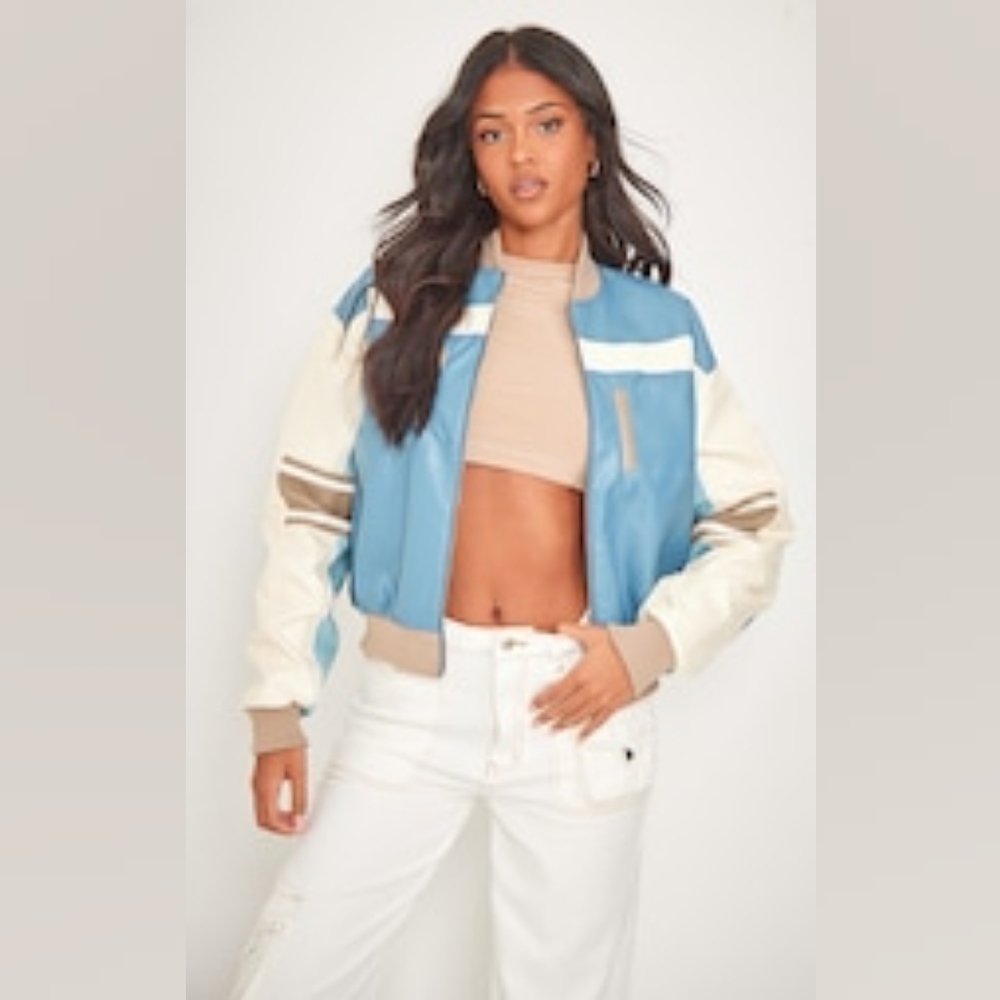 NWT Tall Baby Blue Oversized Padded Baseball Bomber Blue Size 8 USA